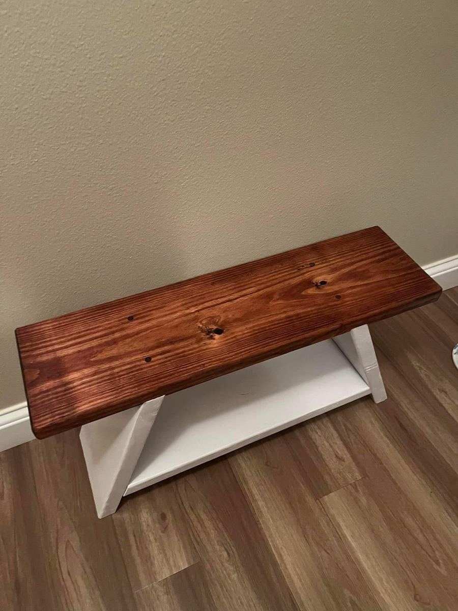 Farmhouse bench with a stained top and white base